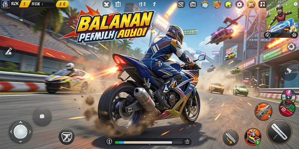 Tangkapan layar utama 9ZK menampilkan aksi balapan motor yang mendebarkan.