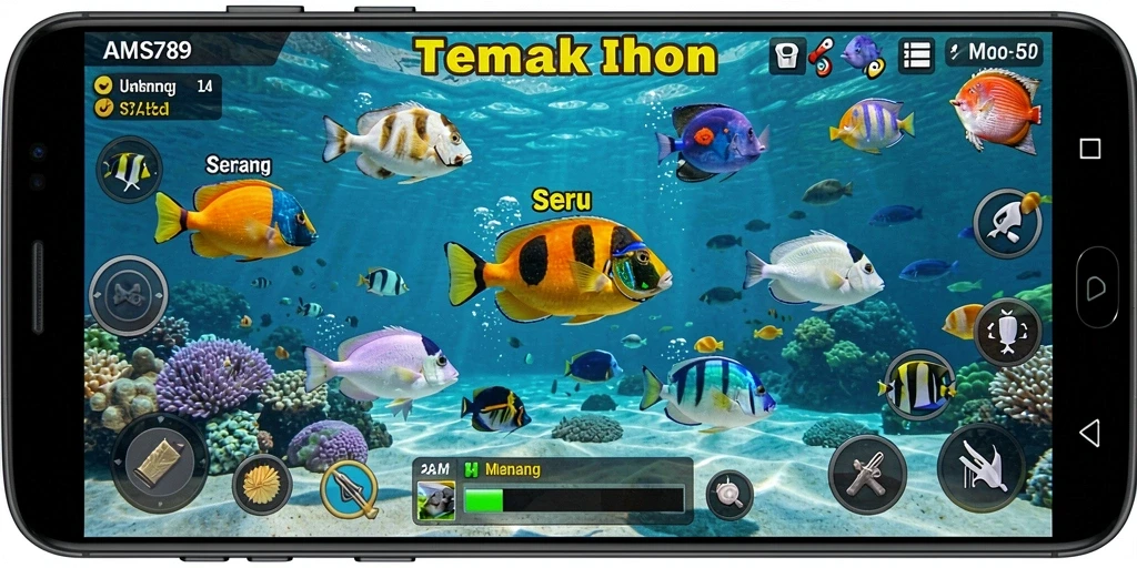 Tampilan gameplay menarik dari AMS789 saat menangkap ikan.