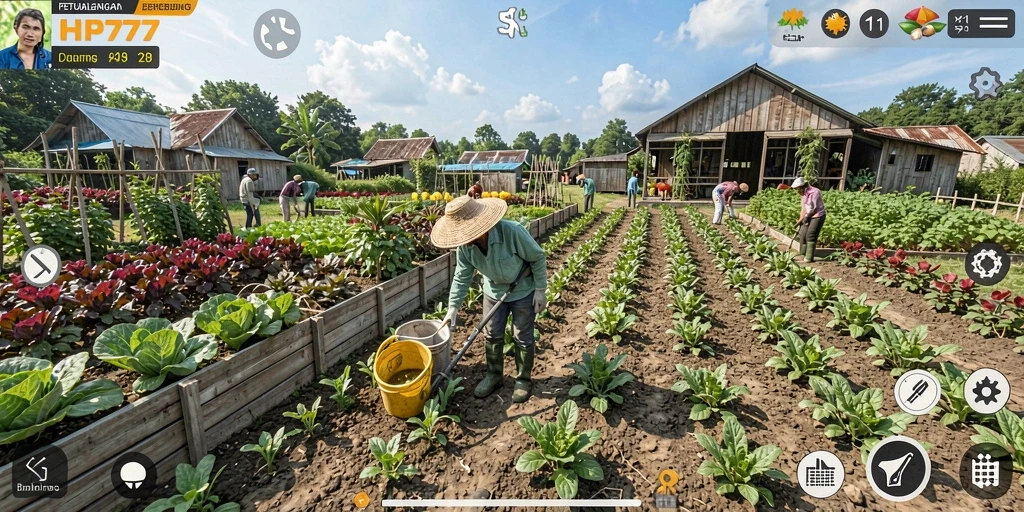 Tampilan gameplay HP777 yang menampilkan kebun yang indah dan hewan ternak.