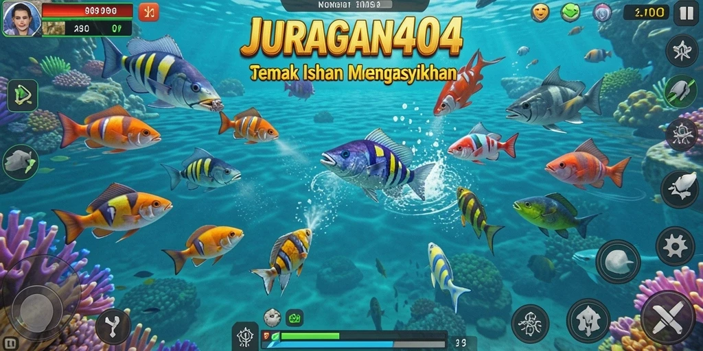 Tangkapan layar utama JURAGAN404 menampilkan aksi menembak ikan yang seru.
