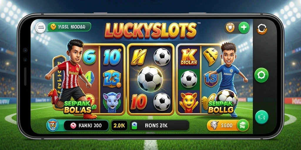 Tangkapan layar LUCKYSLOTS menunjukkan gameplay slot bertema sepak bola yang menarik.