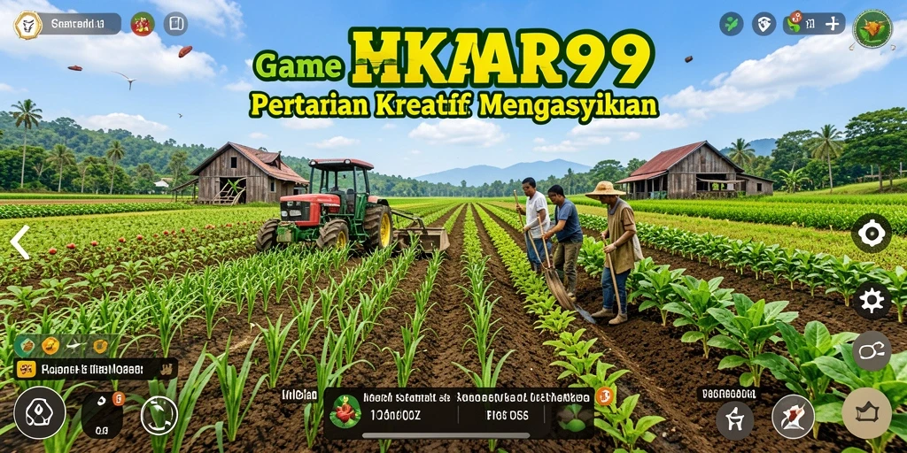 Tangkapan layar gameplay MEKAR99 yang menampilkan ladang pertanian yang subur dan hewan yang lucu.