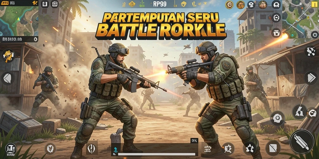Gameplay RP99 menampilkan pertempuran seru antar pemain di peta luas.