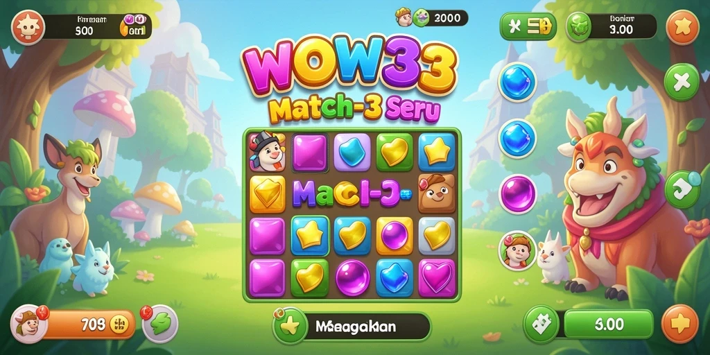 Screenshot gameplay WOW33 menampilkan kombinasi warna-warni dari permata.